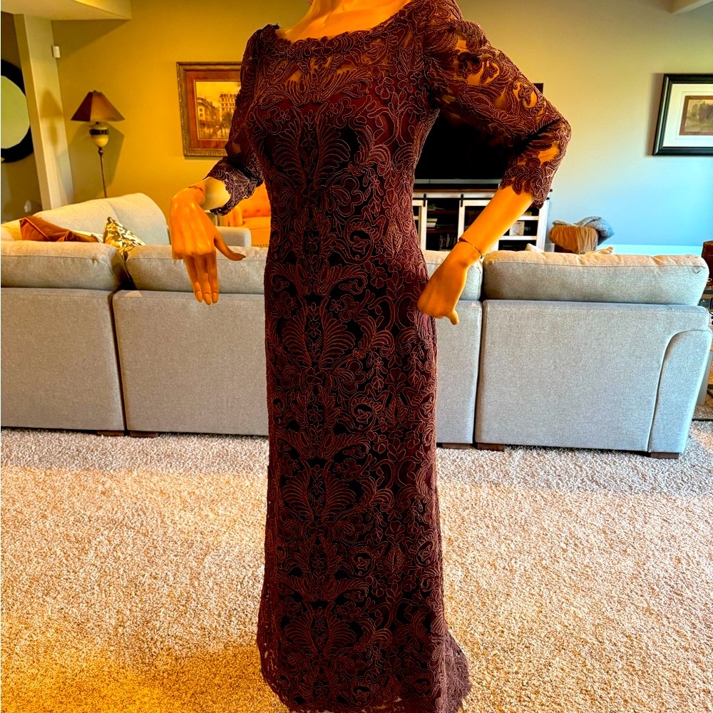 Tadashi Shoji Burgundy Bell Sleeve Bateau Neck Gown